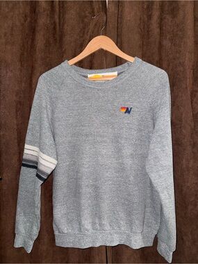 Aviator Nation Heather Gray Crewneck with Stripe Sleeve and Logo unisex